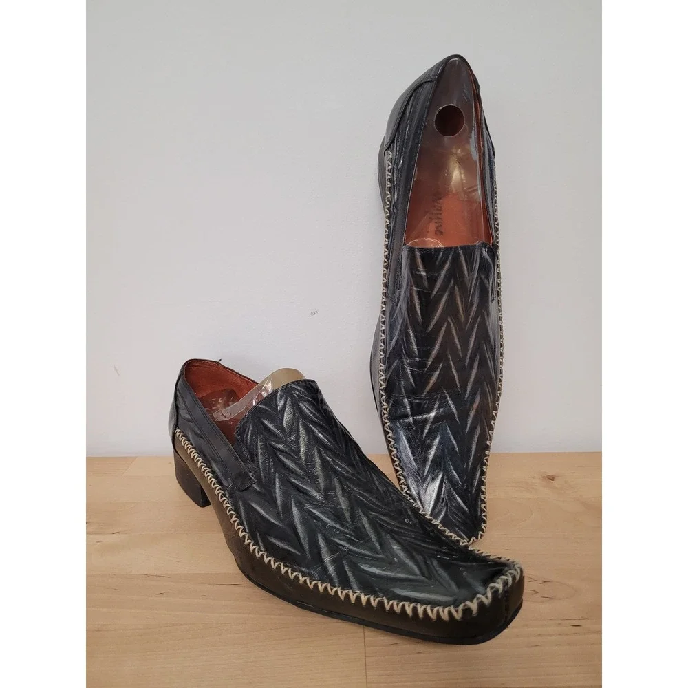 Robert Wayne Jordan Loafers Mens Size 12 Black Silver Chevron Whipstitch Shoes